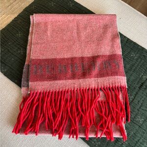 Burberry Red and Pink Fringed Wool Scarf